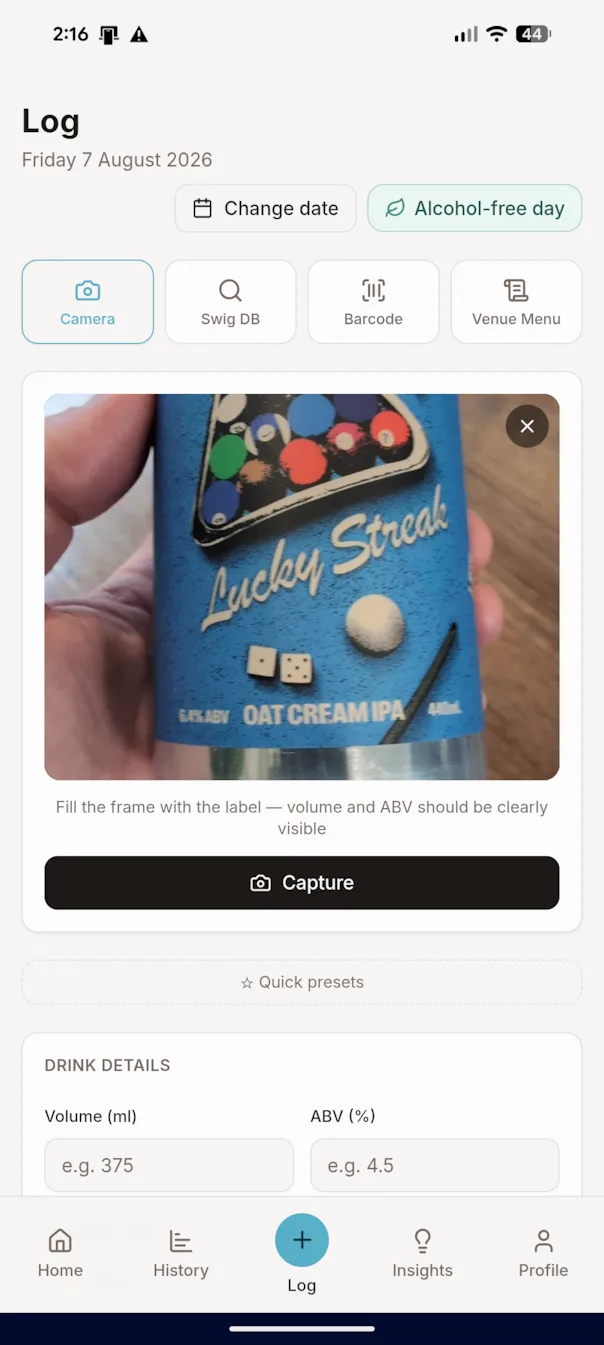 Swig camera pointed at a beer can label, ready to read its ABV and volume