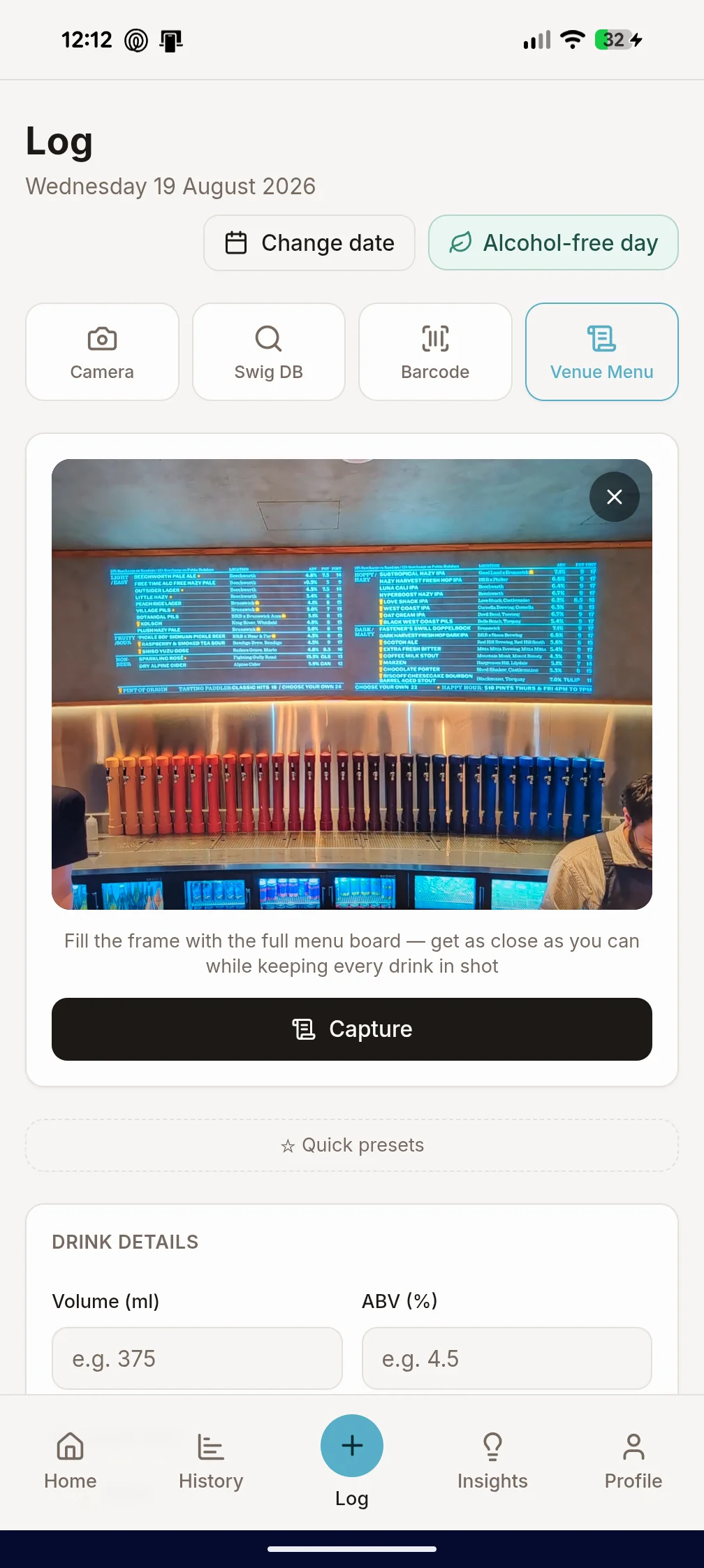 Swig venue menu capture, photographing a pub tap list to log from all night